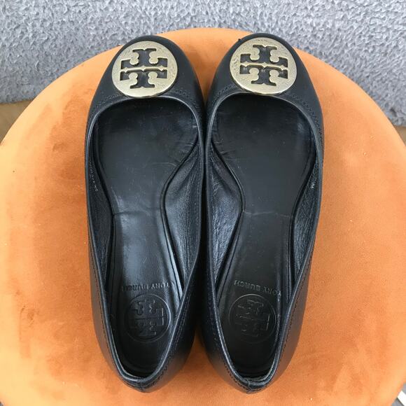 Tory Burch Reva Black Leather Ballet Flats Silver size 7.5 - Picture 3 of 8